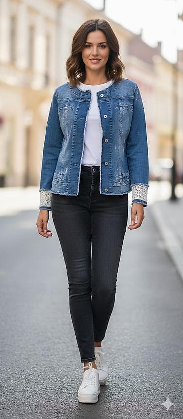 tiffany kaputi: Ženska teksas jakna bez kragne - Klasičan kroj sa ravnim ramenima i — 1