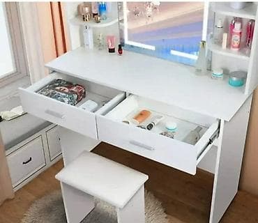 orman za decu: Toaletni sto sa LED ogledalom i tabureom - Moderan beli toaletni sto — 6