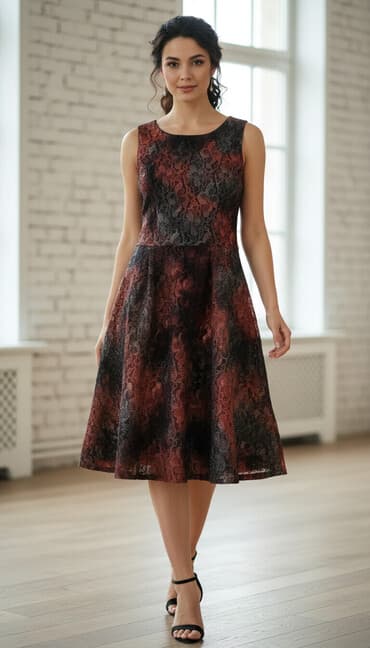 plišana crvena haljina: Elegantna ženska haljina bez rukava, A-kroja. Gornji deo pripijen — 1