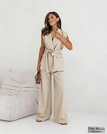 komplet prsluk i pantalone: 🔥Ženski dvodelni komplet – prugasti sako bez rukava i široke pantalone — 6