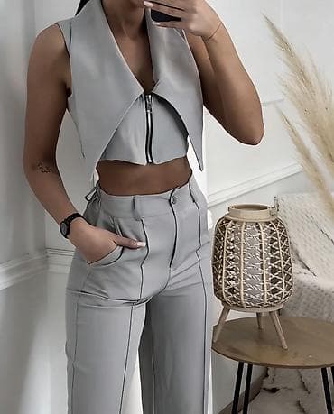 roze mindjuse: 🔥Ženski komplet – prsluk crop top + pantalone sa visokim strukom — 3