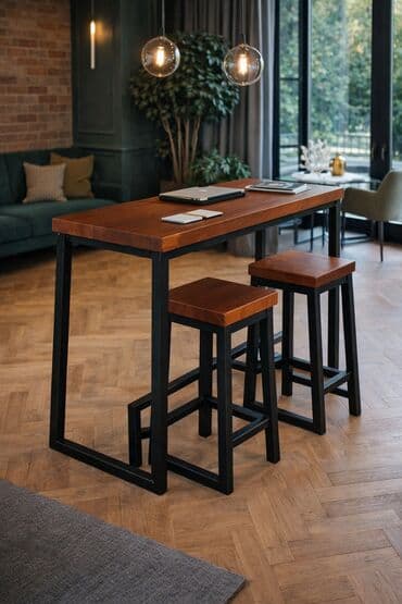 Sets of table and chairs: Industrijski bar sto sa tri barske stolice – masivno drvo i čelik - — 3