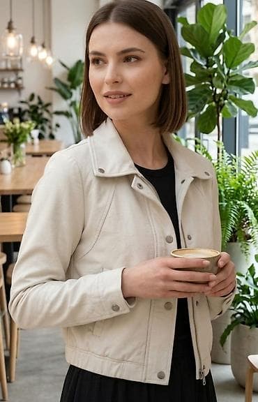 Ženska jakna u svetloj bež boji - Kroj: kratka, strukirana silueta na lalafo.rs Ženska jakna u svetloj bež boji - Kroj: kratka, strukirana silueta