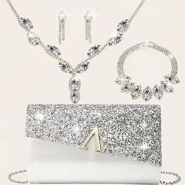 Keychains: Svečani set: srebrna šljokičasta torbica + komplet nakita od kristala — 3