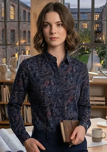svecane satenske bluze: Ženska košulja sa dugim rukavima – tamnoplava sa paisley printom - — 1