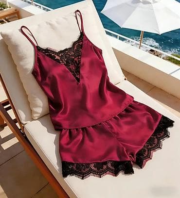 Saten pidžama/komplet za spavanje – bordo - Dvodijelni komplet: top