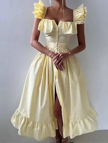 Letnja midi haljina sa volanima i dugmadima spreda - Kroj: struk