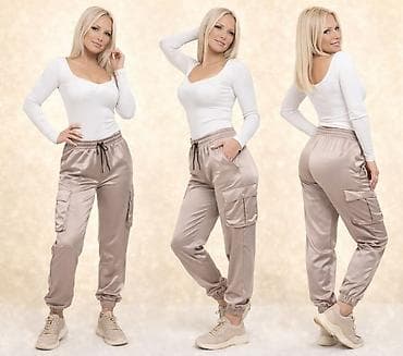 Ženske satenske cargo jogger pantalone – bež/šampanj ton - Kroj na lalafo.rs Ženske satenske cargo jogger pantalone – bež/šampanj ton - Kroj