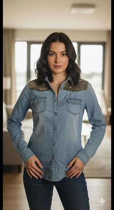 p. s prsluci: Ženska teksas košulja sa kamuflažnim detaljima - Materijal: mekani — 1