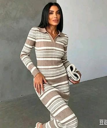 rebraste zvoncare: Rebrasto pletena ženska haljina sa prugama - Model: uska rebrasta — 3