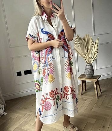lanene haljine: Ženska košulja-haljina duga sa printom ma dugmice. - Model: širok — 2