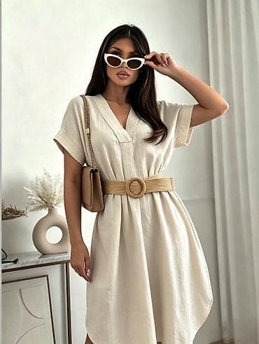 Haljine: Ženska letnja haljina na pruge, midi dužine, sa V izrezom i kratkim — 4