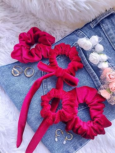 dugi rep umetak: Set baršunastih scrunchie gumica za kosu – bordo/crvena - Materijal — 7