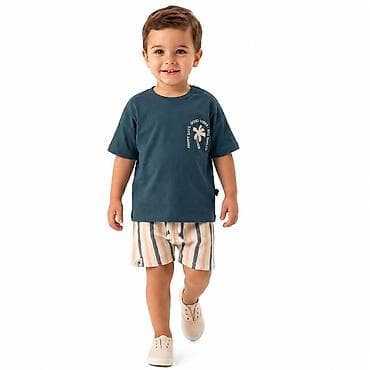 zara zenski kompleti: Komplet majica i šorc „Palma“ plavi – za bebe 06, 09, 12 i 18 meseci — 2