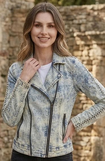Jackets, Coats, Vests: Ženska jakna od teksasa u biker stilu - Materijal: teksas sa efektnim — 1