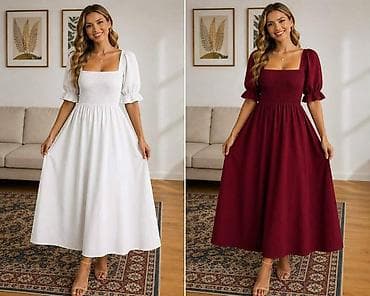 Dresses: Ženska midi haljina sa kvadratnim izrezom i puf rukavima - Kroj — 2