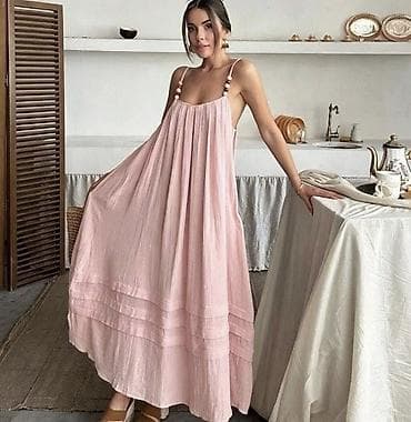 Haljina duga sa tankim bretelama i drvenim perlama,siroka. - Lagano na lalafo.rs Haljina duga sa tankim bretelama i drvenim perlama,siroka. - Lagano