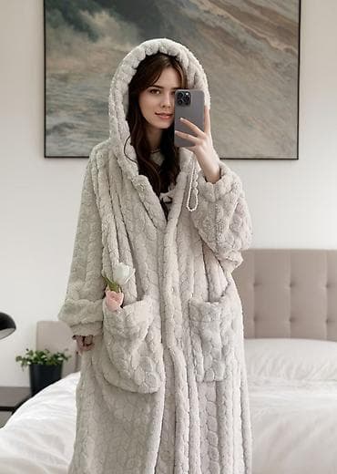 Ženska odeća: Dugi oversized kućni bade - mantil sa kapuljačom - Materijal: ultra — 5
