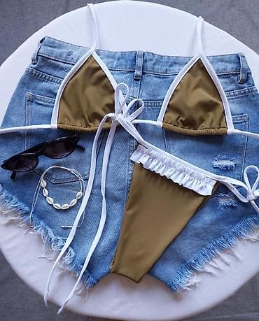 speed kupaci: Dvodijelni bikini set – maslinasto zeleni sa belim detaljima - Gornji — 2