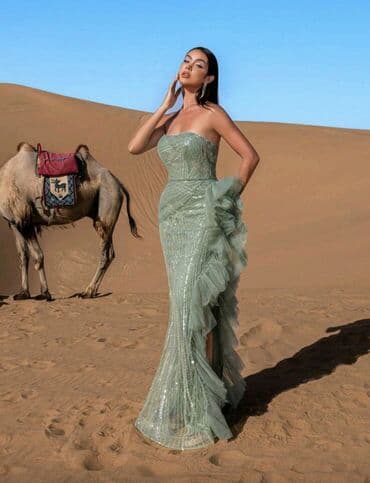 limun haljina: Elegantna večernja haljina – pastelno zelena, bez bretela - Kroj — 2