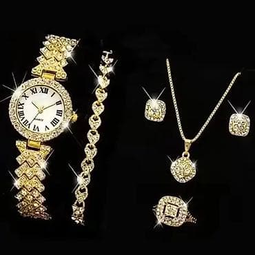 dzepni sat prodaja: Luksuzni set nakita sa satom – 6 delova Elegantan komplet u zlatnoj — 8