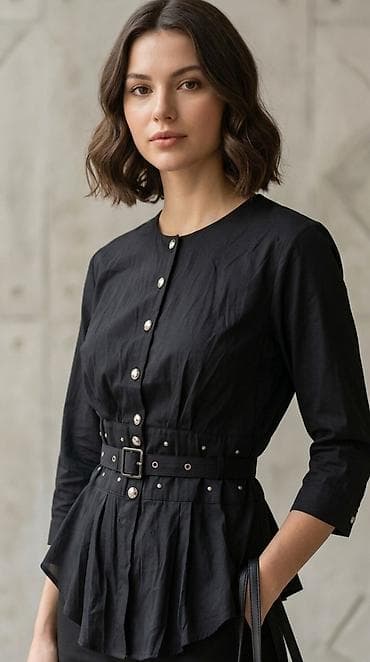 halji e: Elegantna crna ženska bluza sa pojasom - Model: strukirana bluza sa — 1