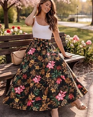 Ženska dugačaka suknja sa floralnim printom - Model: maksi A-kroja