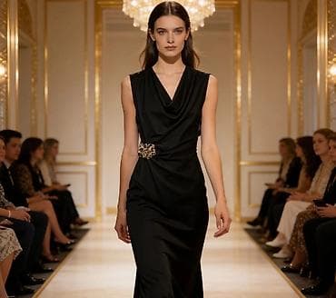 Dresses: Elegantna midi haljina sa drapiranim kaskadnim izrezom i ukrasnom — 4