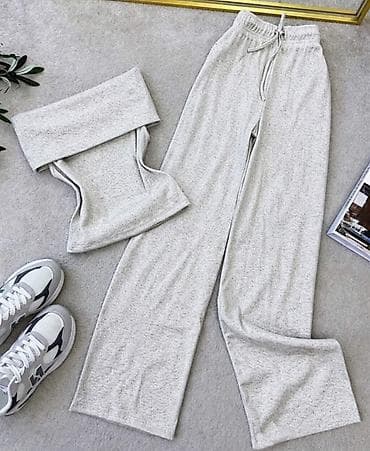 Kompleti: Ženski komplet – top na preklop bez naramenica + pantalone ravnog — 2