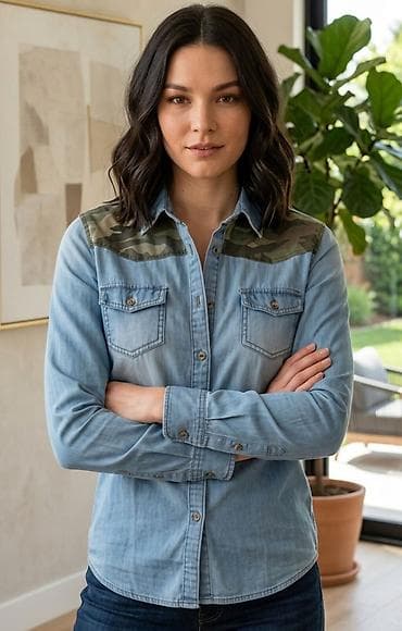 Ženska teksas košulja sa kamuflažnim detaljima - Klasična plava