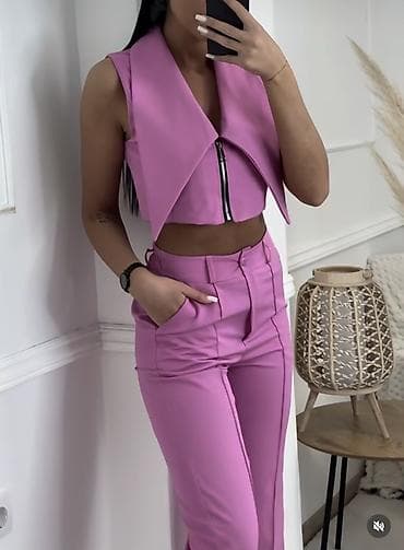 roze mindjuse: 🔥Ženski komplet – prsluk crop top + pantalone sa visokim strukom — 5