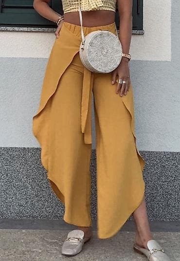 Pantalone: Ženske široke pantalone sa preklopom – oker žuta - Kroj: široke — 2