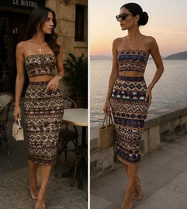 ljubicasti tech fleece: Komplet crop top i uska midi suknja sa etno/boho dezenom. - — 1