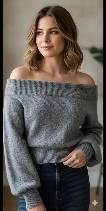 Muška obuća: Ženski pleteni džemper sa spuštenim ramenima - Model: off-shoulder — 1