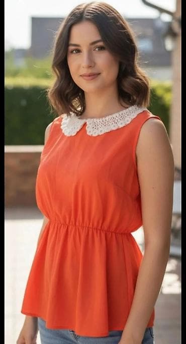 Ženska letnja bluza bez rukava u narandžastoj boji. - Model: peplum