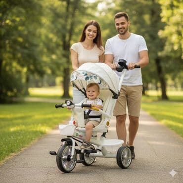 Dečiji tricikl 2-u-1 sa ručkom za roditelja i tendom - — 3