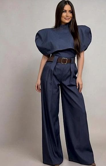 torebki doca: Ženski set – tamnoplavi top sa naglašenim ramenima + široke pantalone — 2