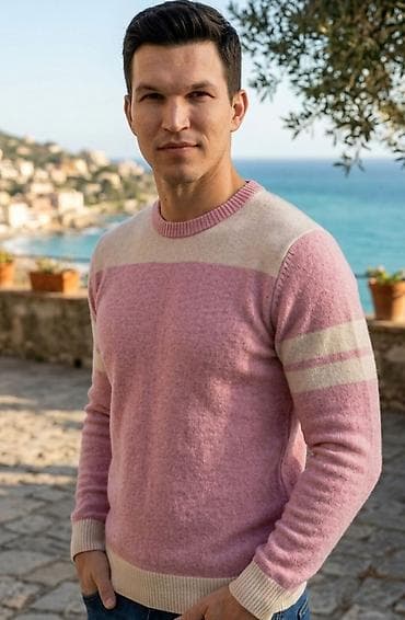 roze kvarc: Muški džemper sa okruglim izrezom – ružičasto/krem kombinacija - — 1