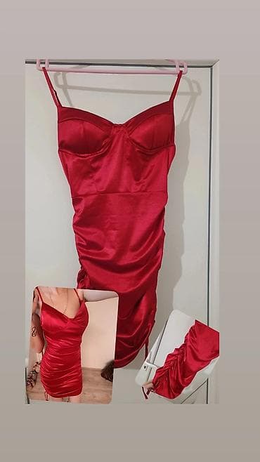 Dukserice: Crvena satenska mini haljina sa efektom visokog sjaja. Model sa tankim — 1
