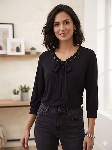 bluze za punije žene: Elegantna ženska bluza – crna - Materijal: meka, glatka trikotaža — 1