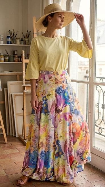 ženske suknje: Dugački ženski letnji komplet – majica i suknja - Gornji deo: lagana — 1