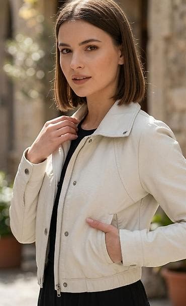 kozne papuce zenske: Ženska kratka jakna – bež/ekru - Materijal: izgled i tekstura nalik — 1