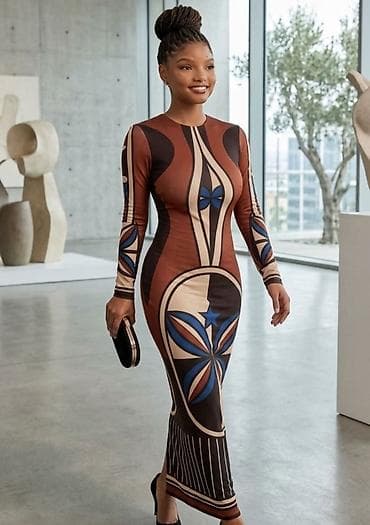 mona torbica sa slovom m: Elegantna maxi haljina s dugim rukavima i geometrijskim printom - — 1