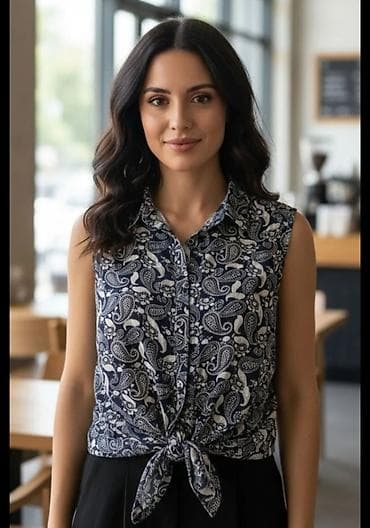 surplus pantalone: Ženska bezrukavna košulja na kopčanje sa čvorom sprijeda. Tkanina je — 1