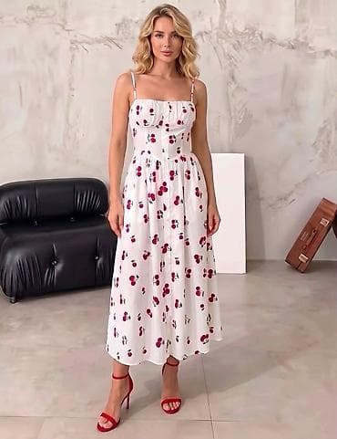haljine sa tresnjama: Letnja midi haljina sa voćnim printom - Model: midi dužina, lepršava — 2