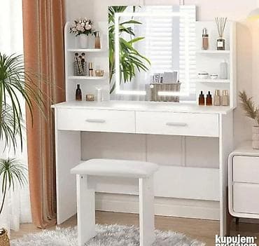 orman za decu: Toaletni sto sa LED ogledalom i tabureom - Moderan beli toaletni sto — 1