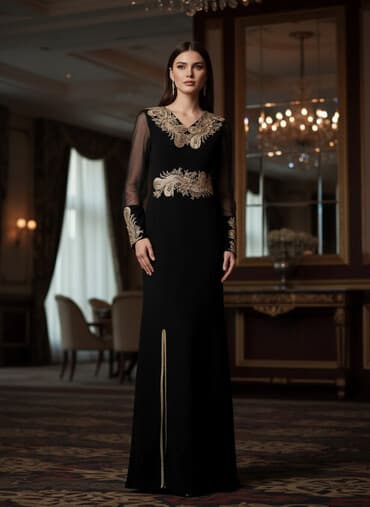 Elegantne večernje haljine sa ručnim zlatnim vezom Model 1: Crna duga na lalafo.rs Elegantne večernje haljine sa ručnim zlatnim vezom Model 1: Crna duga