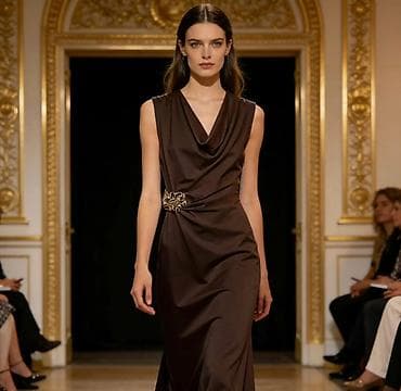 Dresses: Elegantna midi haljina sa drapiranim kaskadnim izrezom i ukrasnom — 5