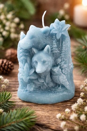 Dekorativna aroma sveća – svetloplava, umetnički reljef šumske scene