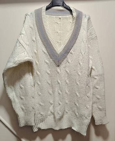 Pleteni džemper sa V-izrezom - Boja: krem/bela sa sivim rubom oko